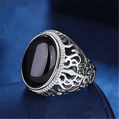 Ring Herren Schwarzer Achat Dan-förmiger Diamantring Hohlmuster Herren Schwarzer Chalcedon Ring Einfach Mode Offener Ring