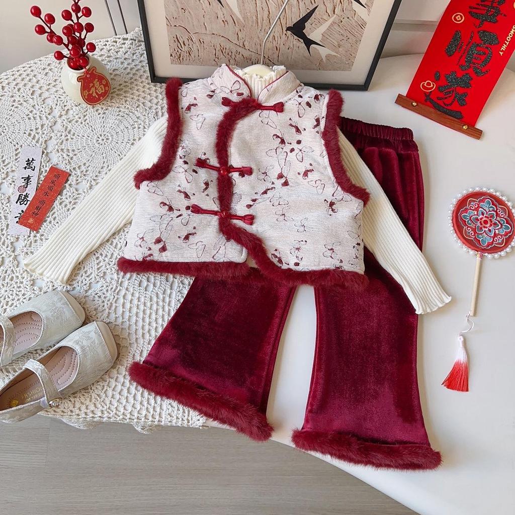 New Winter Arrival: Baby Girls' Chinese Style Fleece-Lined Vest & Long Pants Set - AWB138.