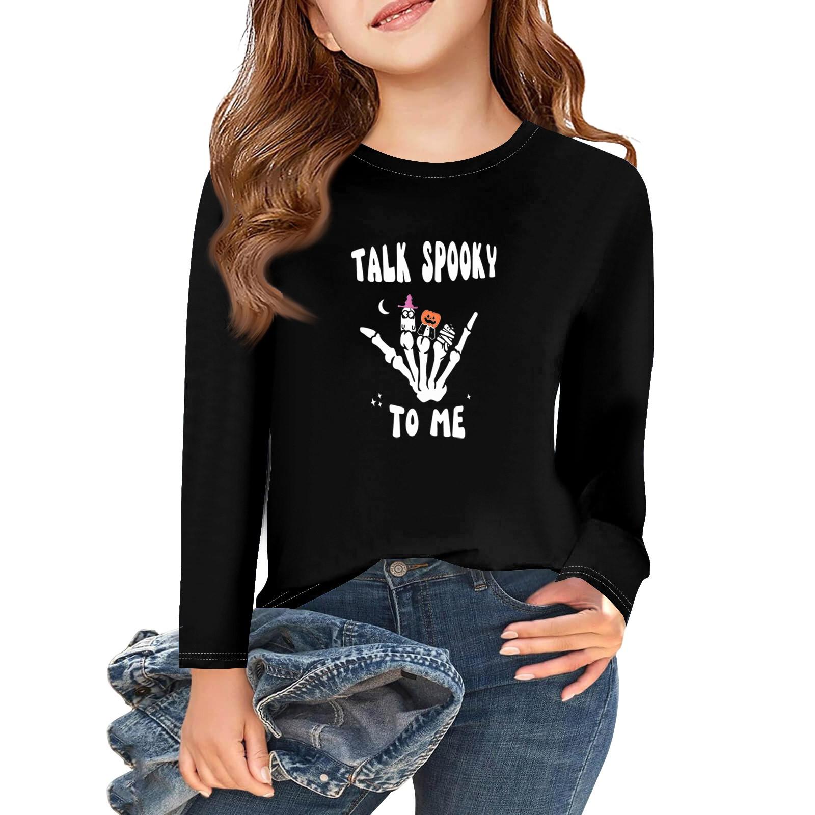 

Футболки с длинным рукавом для девочек на Хэллоуин, детские осенние топы с круглым вырезом, базовые футболки 2-11 лет 150