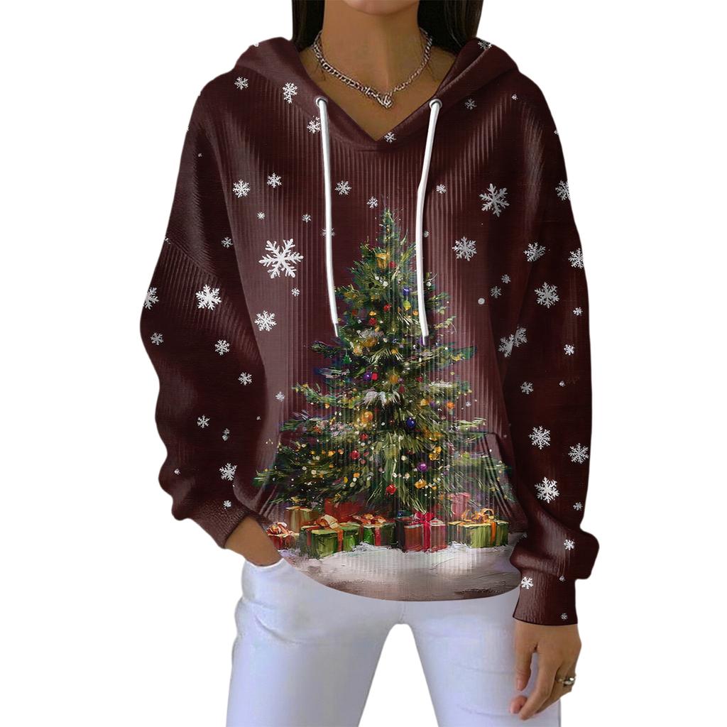 Women's Loose Comfortable Casual Fashion V-Neck Christmas Print Long Sleeve Hoodie
