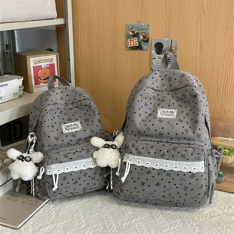 College Style Bow Print Schoolbag Women's Corduroy Backpack Large Capacity Student Backpack