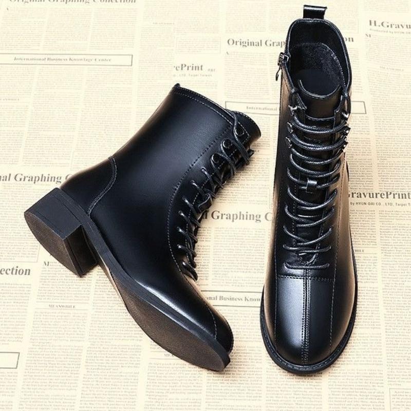 Middle Heel Lace-Up Round Toe Women'S Half High Boots Autumn Winter Fleece-Lined Trend  Y2K Gothic Ladies Mid Calf Shoes