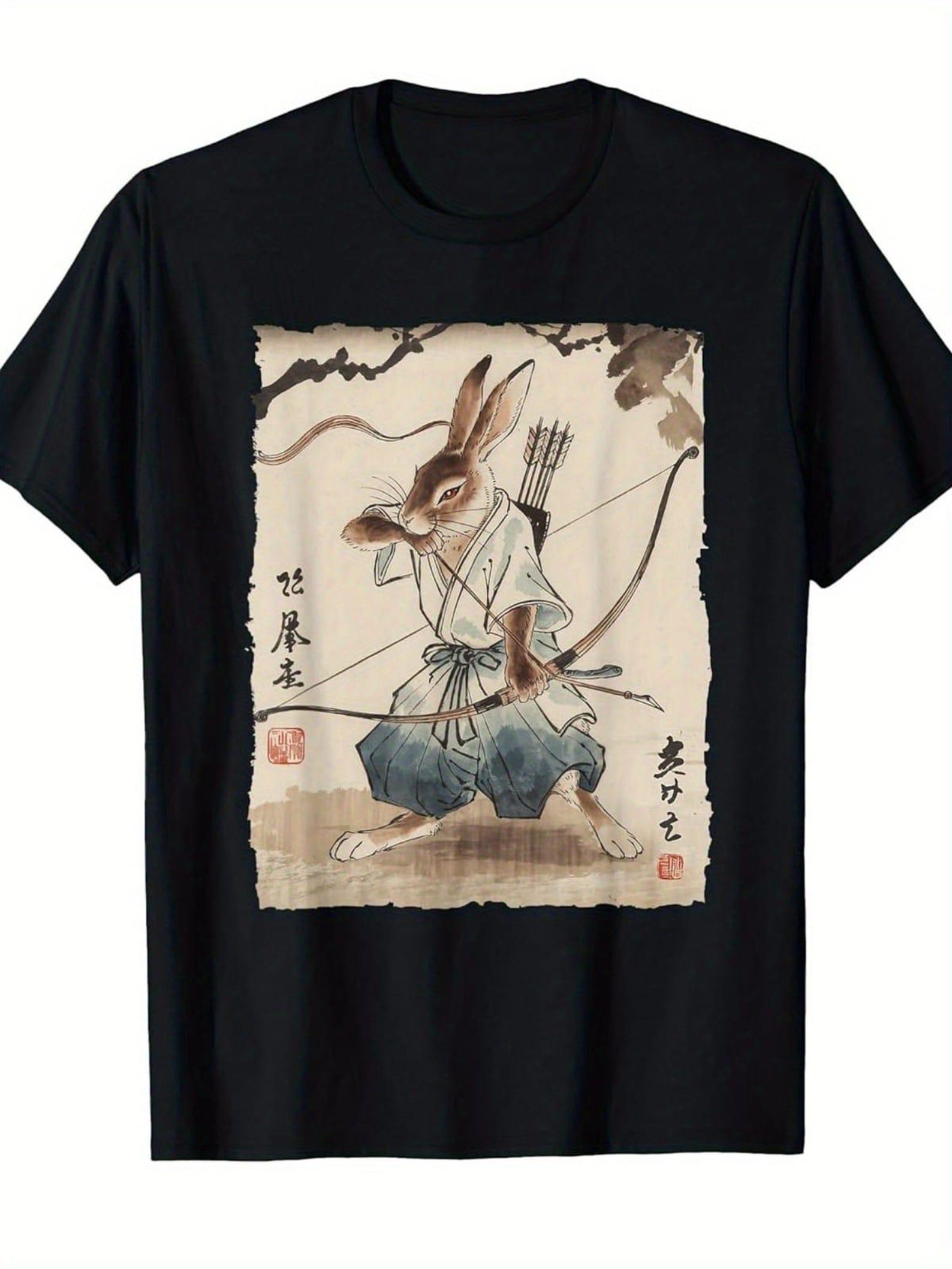 The Samurai-Rabbit-Archer Graphic T-Shirt Japanese Manga Style Warrior Tee Unisex T-shirt S-5XL XL