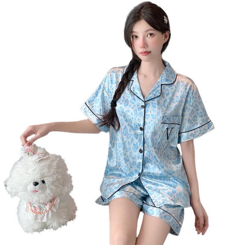 Letter V Summer Ice Silk Pajamas Women'S Cool Short-Sleeved Suit Blue Leopard Print Fashion High-End Loungewear