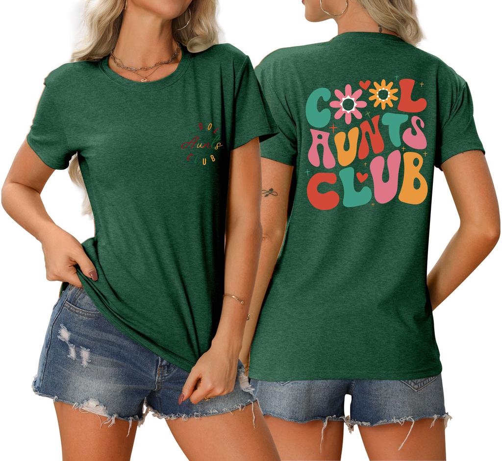 Summer new Womens round neck cool aunts club front and back printed Tshirt loose casual shortsleeved top with a stylish pullo