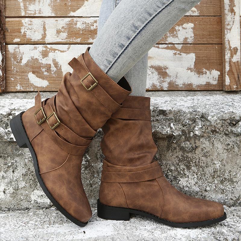 Medium boots autumn and winter new boots round head flat bottom large size cigarette boots