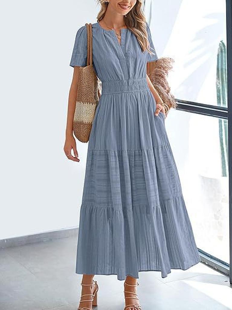 Spring/Summer Women's Fashion V-Neck Ruffled Bubble Sleeve Layered Maxi Dress for Women