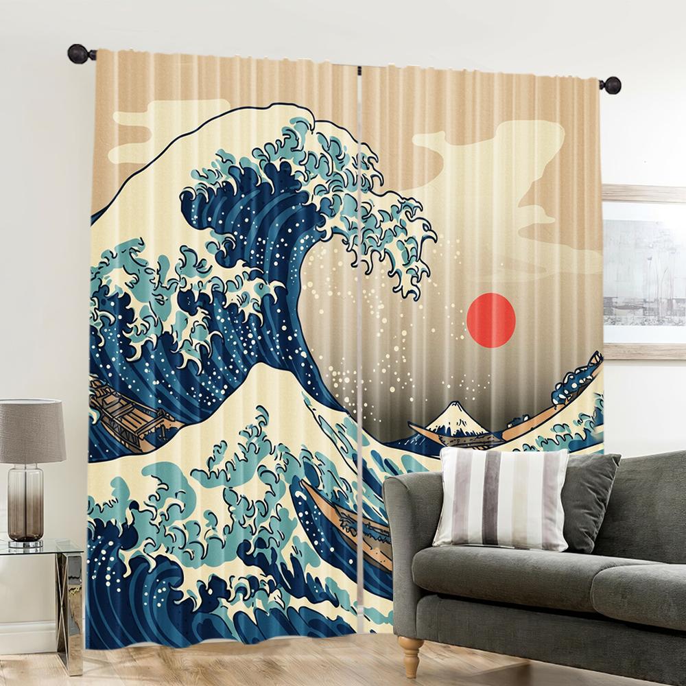 Set Of 2 Contemporary Spring Summer Curtains Japanese Wave Art Digital Print Drapes Fabric Gifts Bedroom Living Room Curtain For Made Polyester