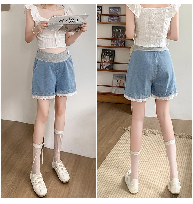 2026 New Style Tummy Support Maternity Denim Shorts with Lace Trim – Summer Wide-Leg Hot Pants