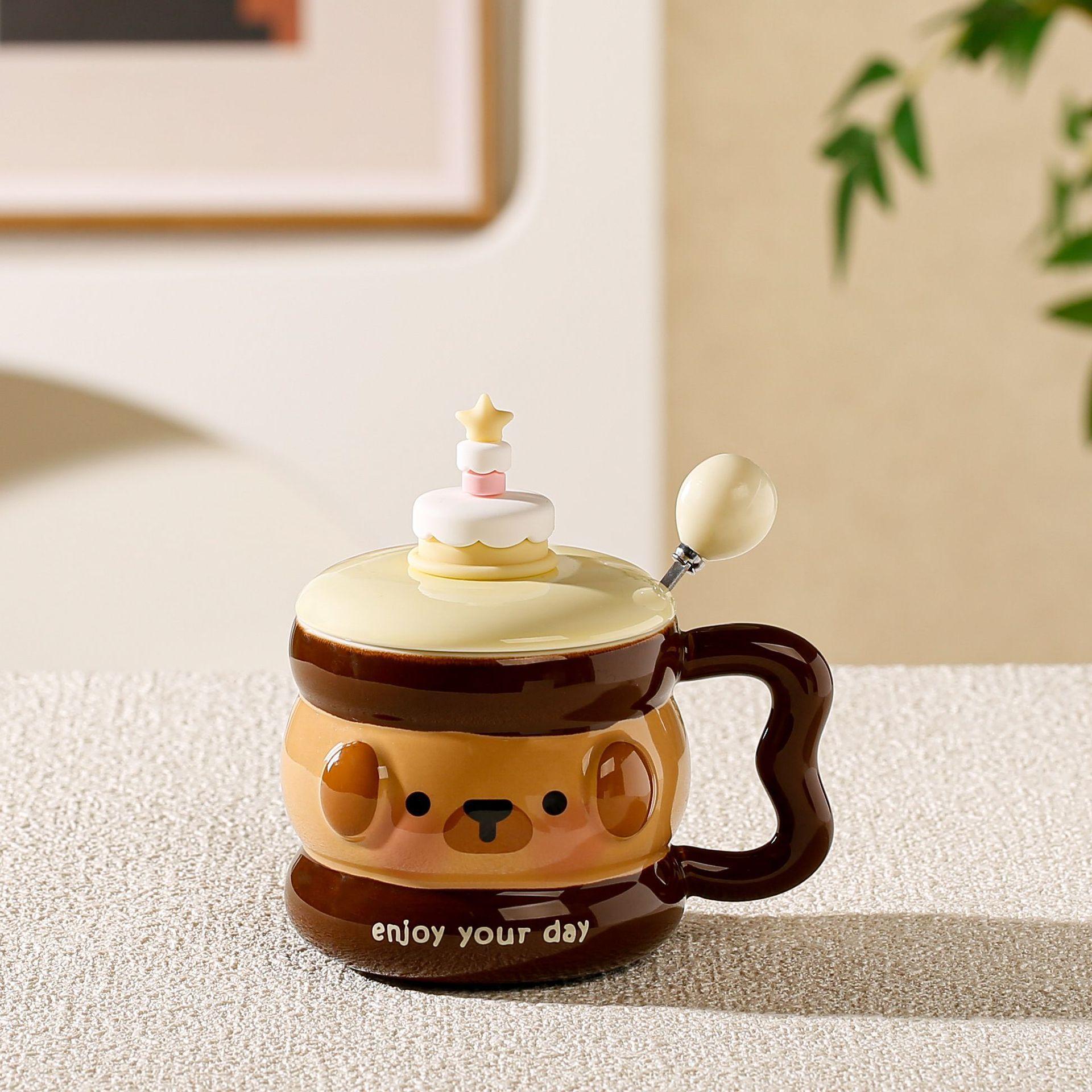 

Cute water cup high value animal creative ceramic cup with lid home office birthday gift for friends 330ML коричневий