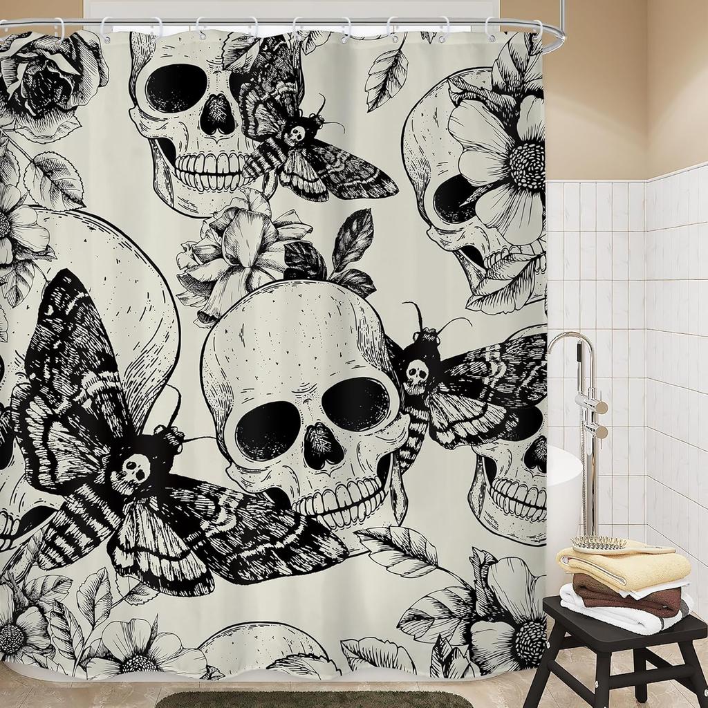 Gothic Skull Shower Curtain Bathroom Set Halloween Death Head Moth Pink Flower Leaves Spider Scary Witchy Bath Accessories