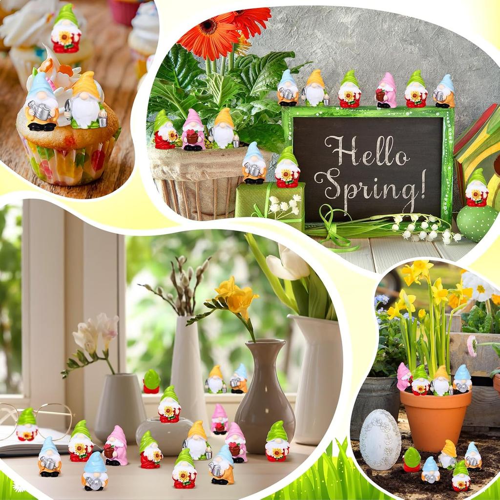 40 Pcs Spring Mini Gnomes Figurine Miniature Spring Gnome Resin Statues Flowers Sunflower Mini Resin Gnomes Table Decor for Summer Tiny Elf Indoor