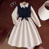 Spring 2026 Retro Vest & Long Sleeve Dress Set for Girls - European & American Style