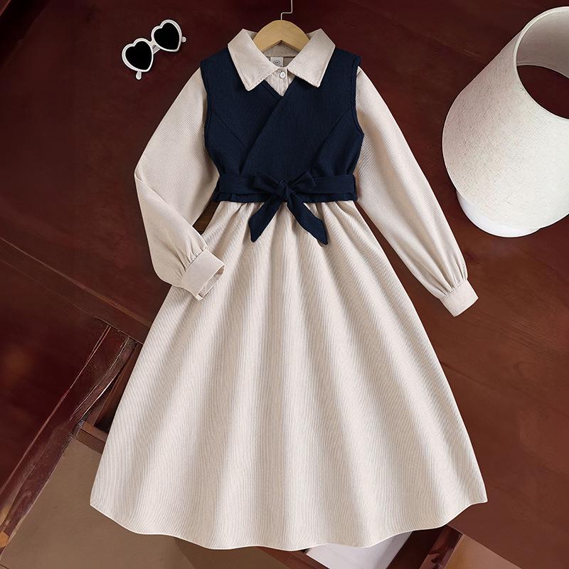 Girls' Retro Spring Suit: Belted Vest & Long-Sleeve Dress Set