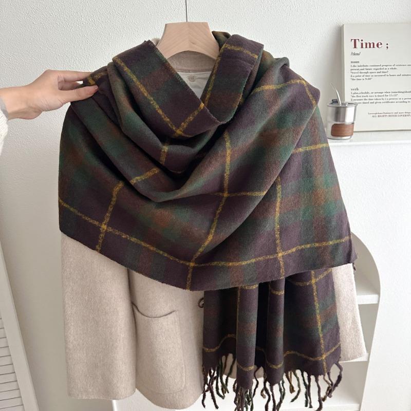 Winter New Retro Plaid Scarf Girls Versatile Thickened Warm Long Shawl Dual-purpose Double-sided Couple Scarf