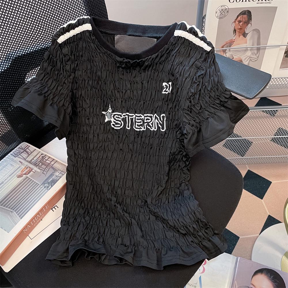 Trendy Pleated Lace Slim Fit Short-Sleeve T-Shirt for Women S чёрный