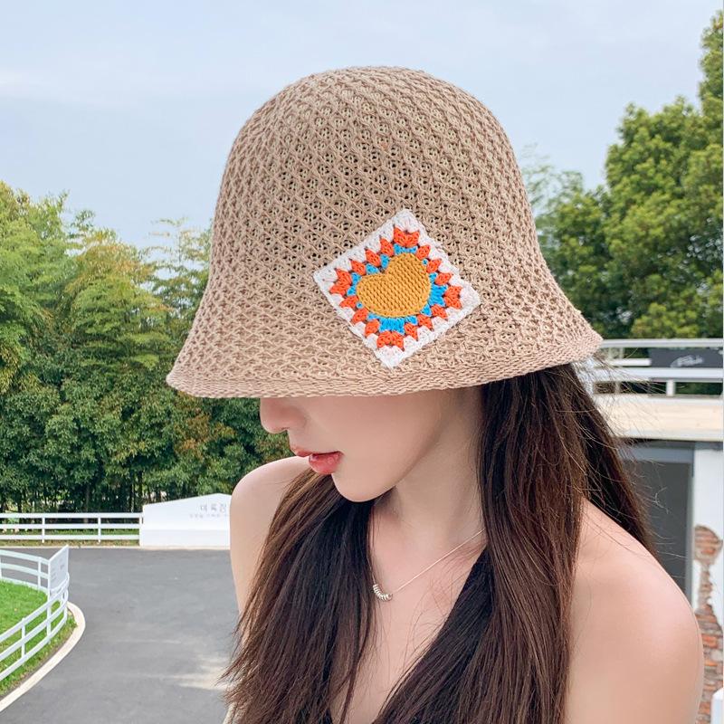 Knitted Bucket Hat Summer Hat Women Hollow Breathable Small Peach Heart Sun Hat Sunscreen Sun Hat Tide