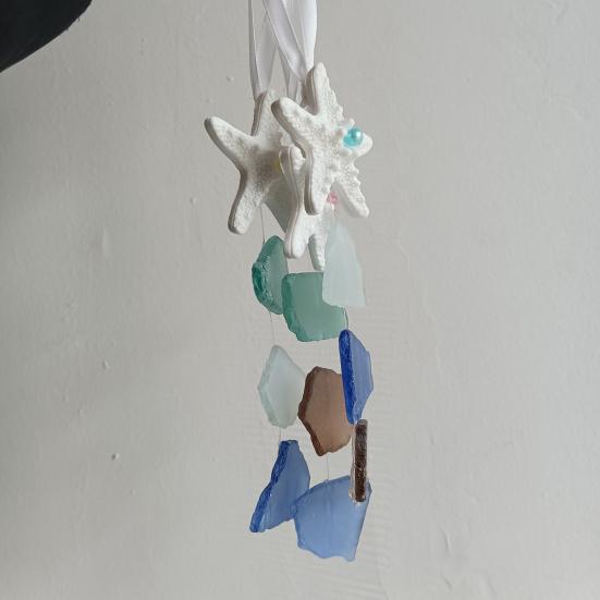3Pcs Seaglass Hanging Decoration Handmade Bohemian Coastal Nautical Starfish Sea Glass Art Home Office Beach House Wall Ornament Pendant