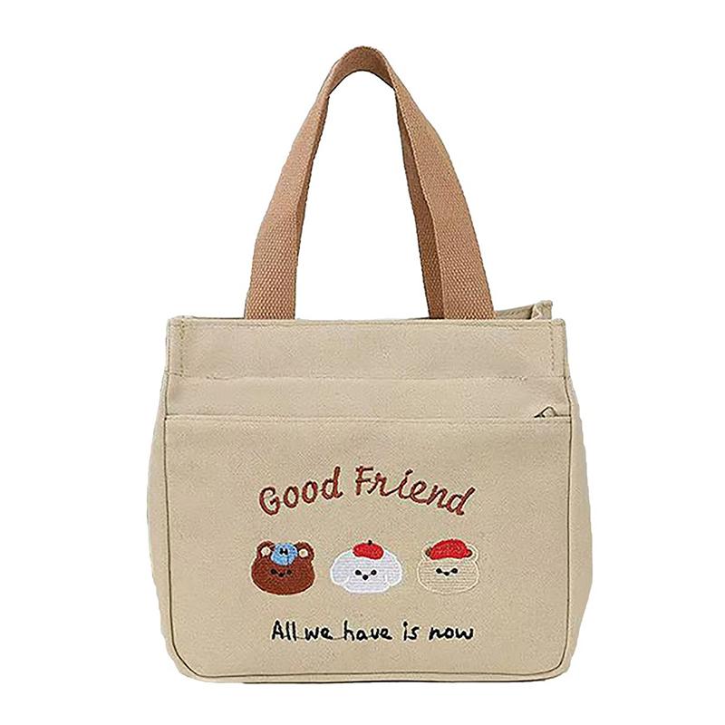 1Piece Cute Embroidered Small Bear Printed Canvas Versatile Handbag Office Worker Lunch Bento Tote Bag Mountaineering Bag