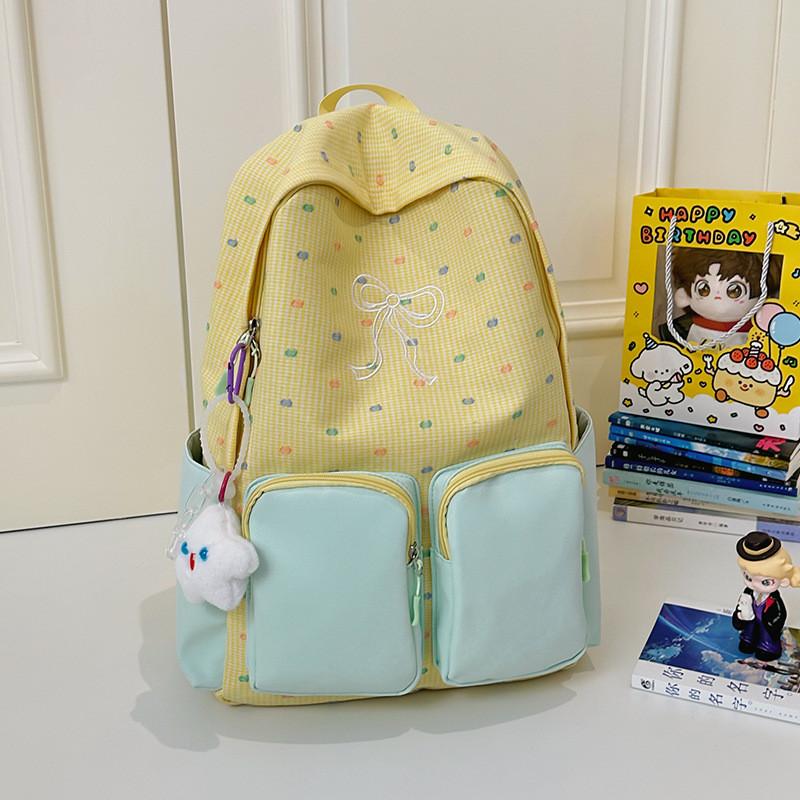 Fashion Color Blocked Bow Embroidery Colorful Polka Dot Pattern Student Backpack For Travel And School
