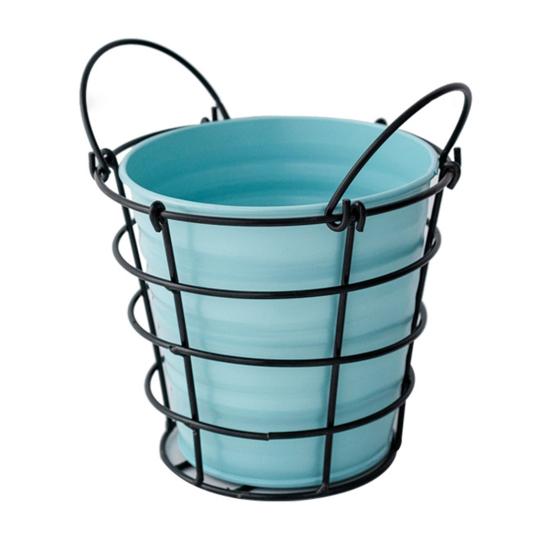 Storage Bucket with Iron Frame Hanging Planter Basket Balcony Flower Pot Hanger Home Decoration Vase with Handle for Living Room Courtyard