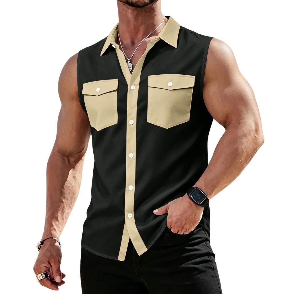 Men's Workwear Lapel Button-Down Vest Shirt - Lightweight Sleeveless Top
