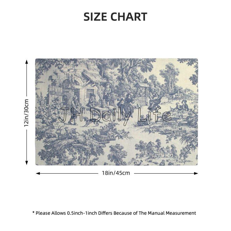 French Toile De Jouy Placemats Sets of 4 Waterproof Heat Resistant Linen Table Mats for Home Party Dining Table Decor 12x18 Inch