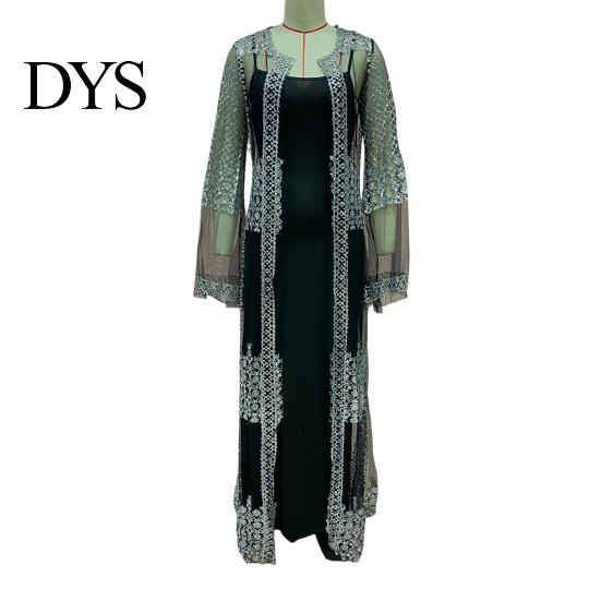 Shiny Bronzing Gown 2 Pcs/Set Women Evening Dress Big Swing Bronzed Cardigan Slip Wedding Guest Attire Set See-through Mesh Long Sleeve Coat Cocktail