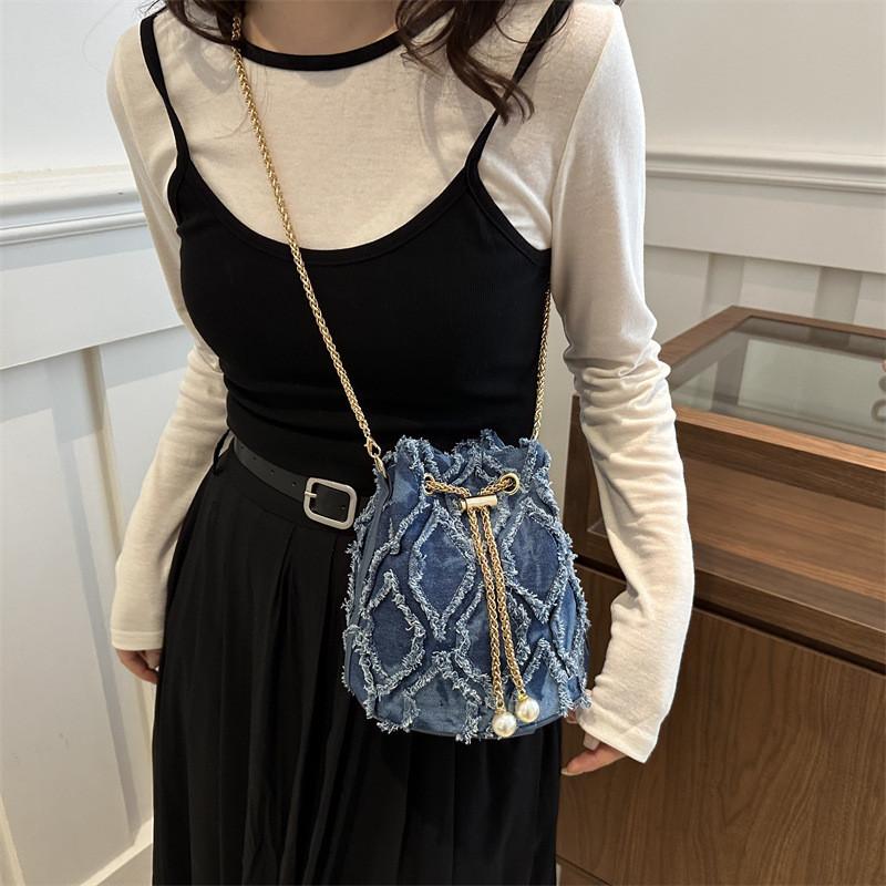 Stylish Korean Denim Bucket Bag With Versatile Large Capacity For Casual Outings