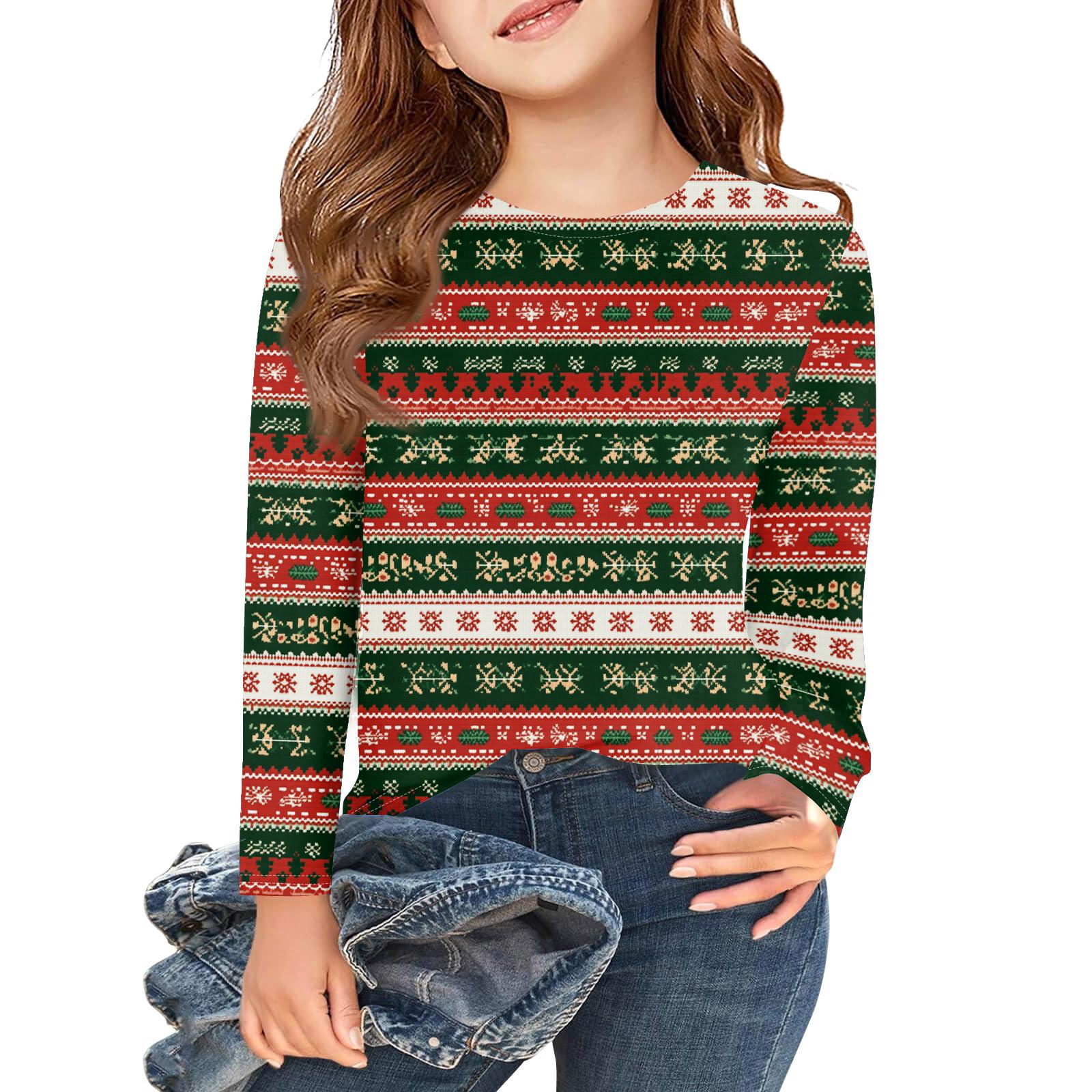 

Рождественские футболки с длинным рукавом для девочек, детские осенние топы с круглым вырезом и принтом, базовые футболки 110 винный