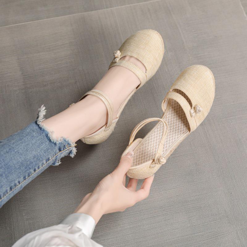 2025 New Korean Style Women's Wedge Heel Sandals: Comfortable Pointed Toe Buckle Linen Casual Sandals