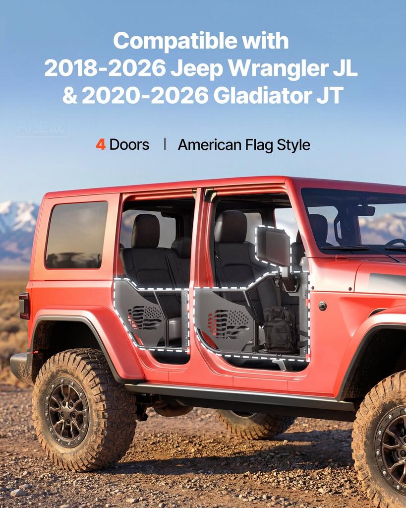 Jeep Tube Doors, 4-Door, Fit for 2018-2026 Jeep Wrangler JL & 2020-2026 Gladiator JT, Flag Pattern Off Road Front & Rear Tubular Half Doors with DOT