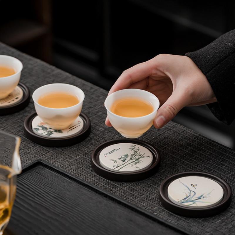 Phenolic Absorbent Coasters with Storage Holder Creative Tea Cup Mats Heat Resistant Coffee Tea Accessories for Home Office