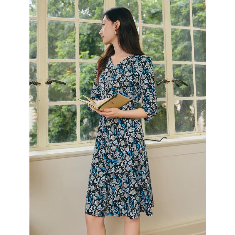 JIUZI ANNACA Elegante Damesstijl 3/4 Mouw Gerimpelde V-hals Slim-fit Gebreide Jurk