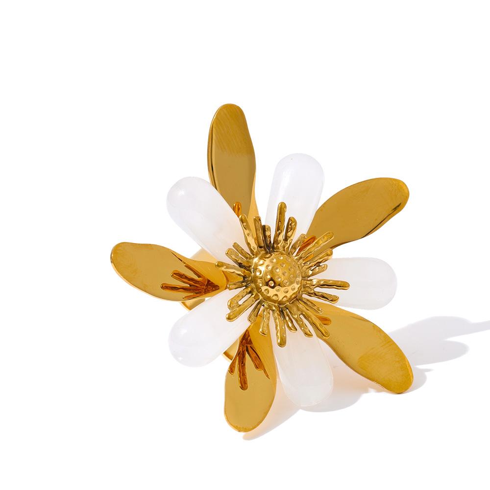 

Eetit Stainless Steel Resin Flower Ring Big Open Rust Proof Metal Golden PVD Plated Attractive Finger Fashion Jewelry Gift 7 золотой