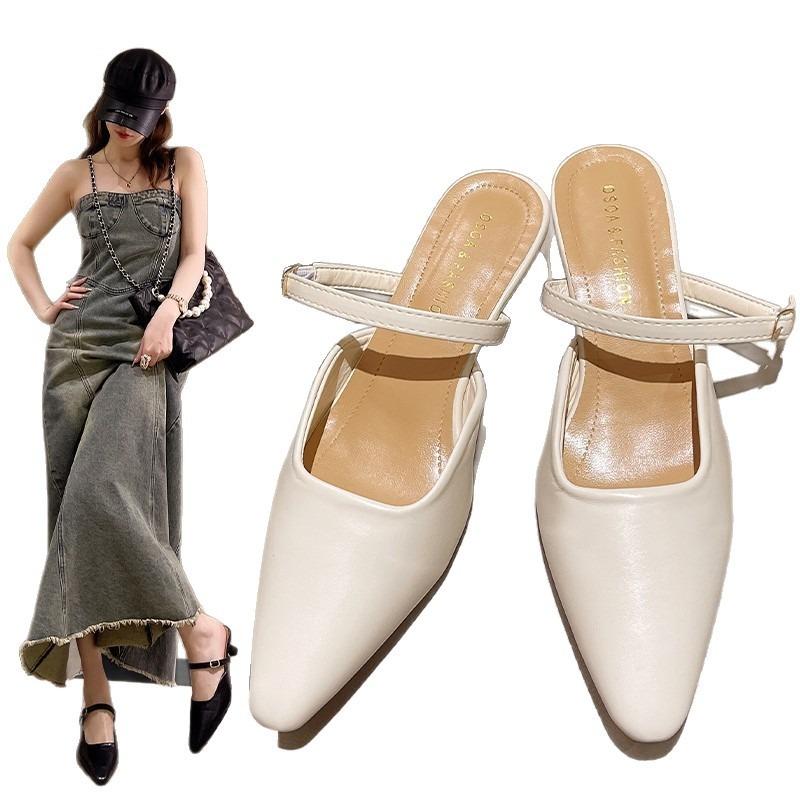 High heels women's summer new bag head one-word strap sandals pointed heels versatile outer slippers