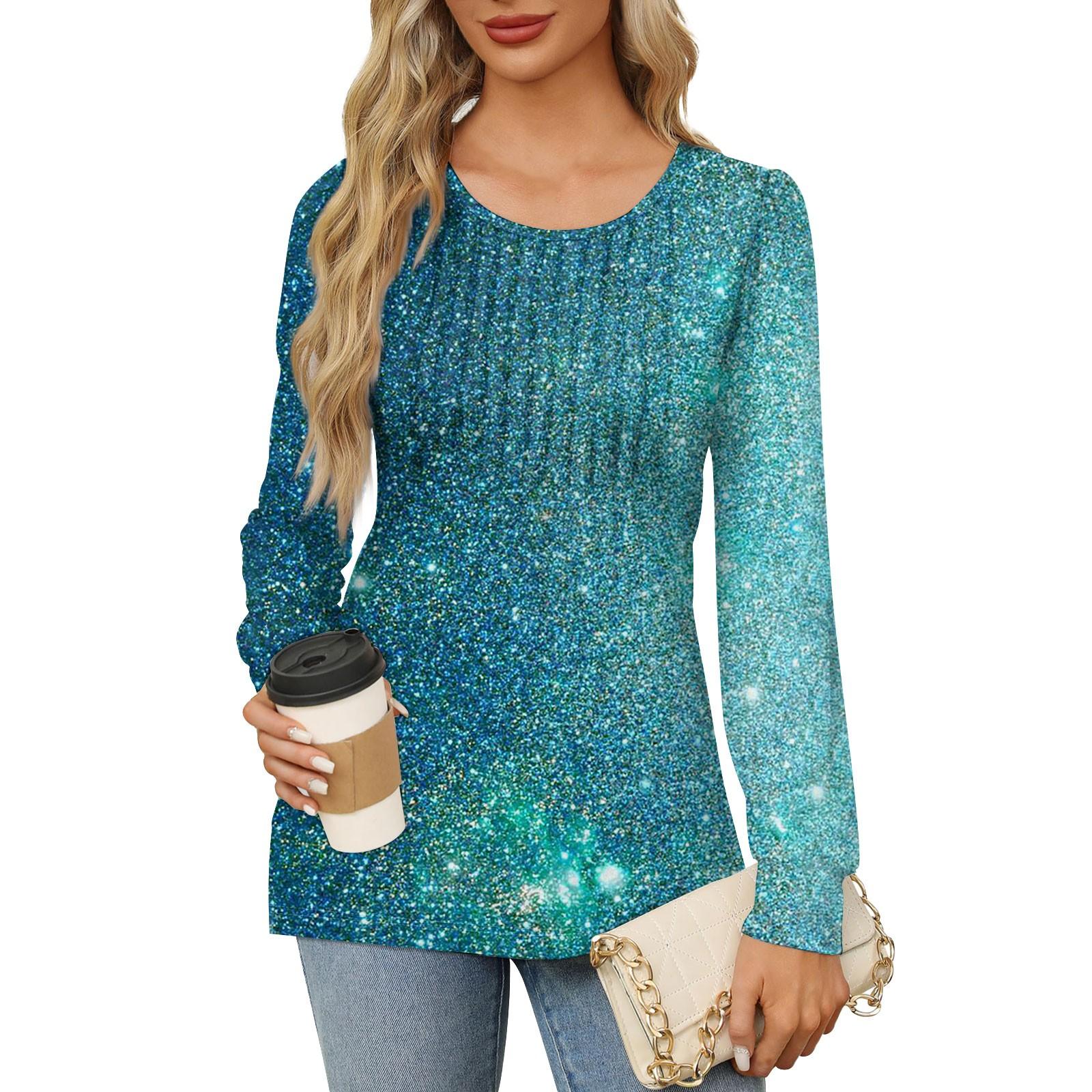 

Женская повседневная плиссированная футболка с круглым вырезом и длинными рукавами с принтом XL циан