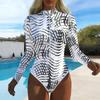 Women Long Sleeve One Piece Swimsuit Zip Front  Colored Drawing  Print Rash Guard Surfing Bathing Suit