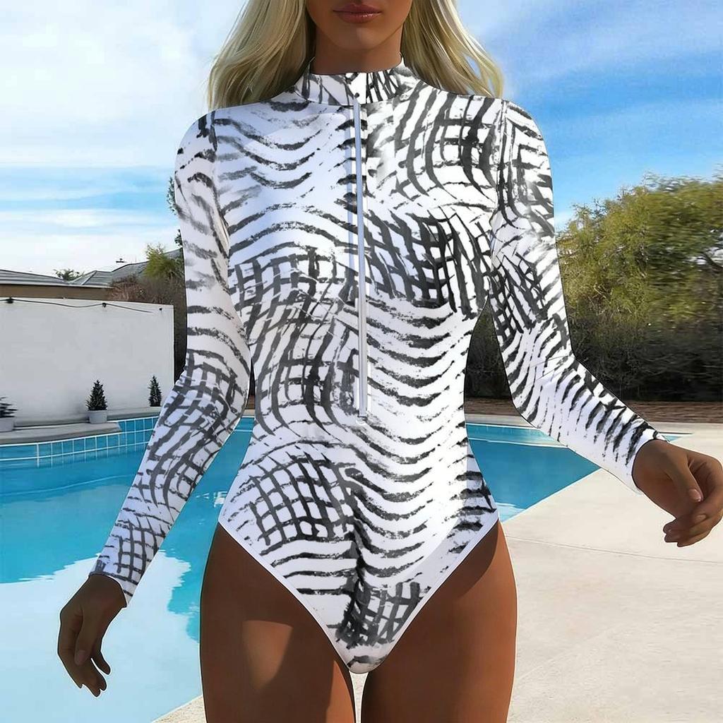 Women Long Sleeve One Piece Swimsuit Zip Front  Colored Drawing  Print Rash Guard Surfing Bathing Suit