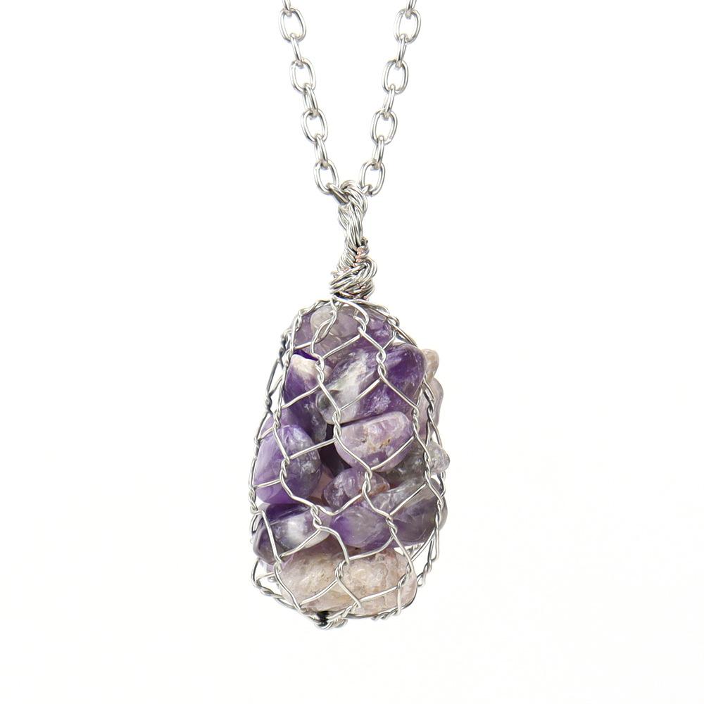 Natural Colorful Crystal Gravel Amethyst Hand-Wound Silk Silver Mesh Pocket Pendant Necklace N658