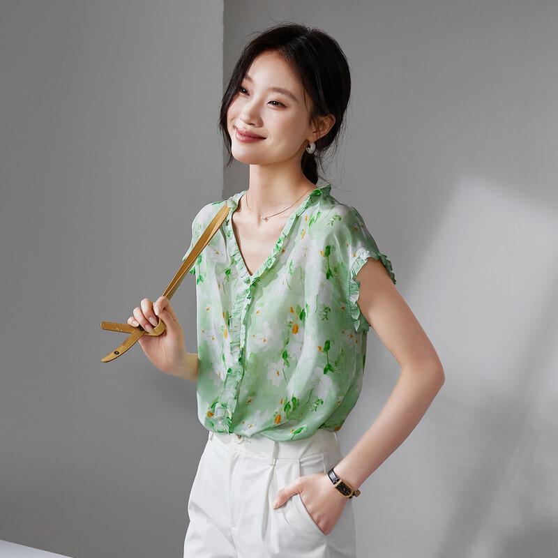 SOFSIL Women s Printed Silk Ruffle Short Sleeve Blouse M