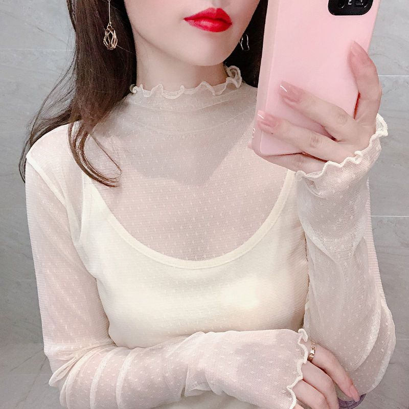 Half High Collar Mesh Base Sweater for Women In Autumn and Winter with A Pile of Collars and Gauze Underneath Sexy Lace Top