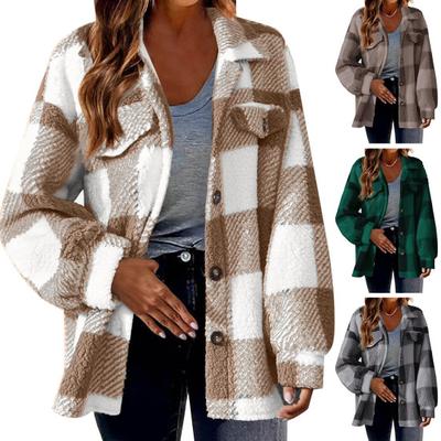 Fall Spring Lady Coat Plaid Print Cardigan Button-down Thick Fleece Long Sleeves Fake Chest Pockets Turn-down Collar Cardigan Daily Wear Commuting