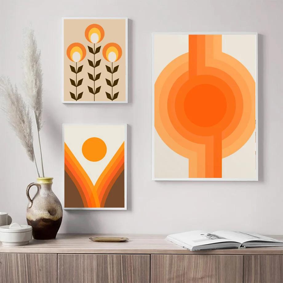 Retro 70s Inspired Art Prints, Orange Lines, Flower, Sun, Abstract Shapes Poster, Canvas Painting, Wall Pictures, Living Room De