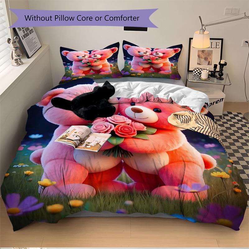 

3pcs Pink Teddy Bear Floral Bedding Set - Includes One Quilt Cover and Two Pillowcases (No Core) - Home Decor, Festival Gift, Polyester Fabr 135x200cm