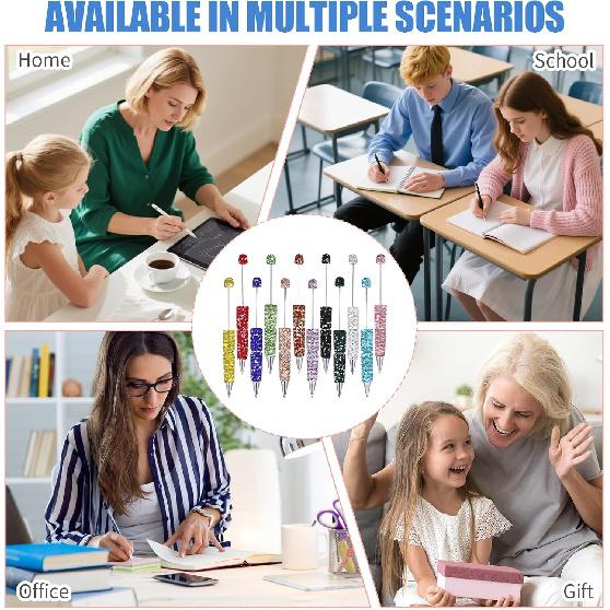 12 Pcs Beadable Pens, Glitter Full Rhinestone Beaded Pens, DIY Craft Fancy Ballpoint for Crystal, Plastic, Rhinestones Beads, Cute Trendy School
