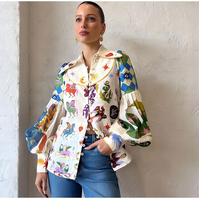Casual Women's Print Shirt Lantern Sleeve Turn-down Collar Female Shirts 2023 Fashion Cartoon Lady Top Street Print Temperamental Shirt Women