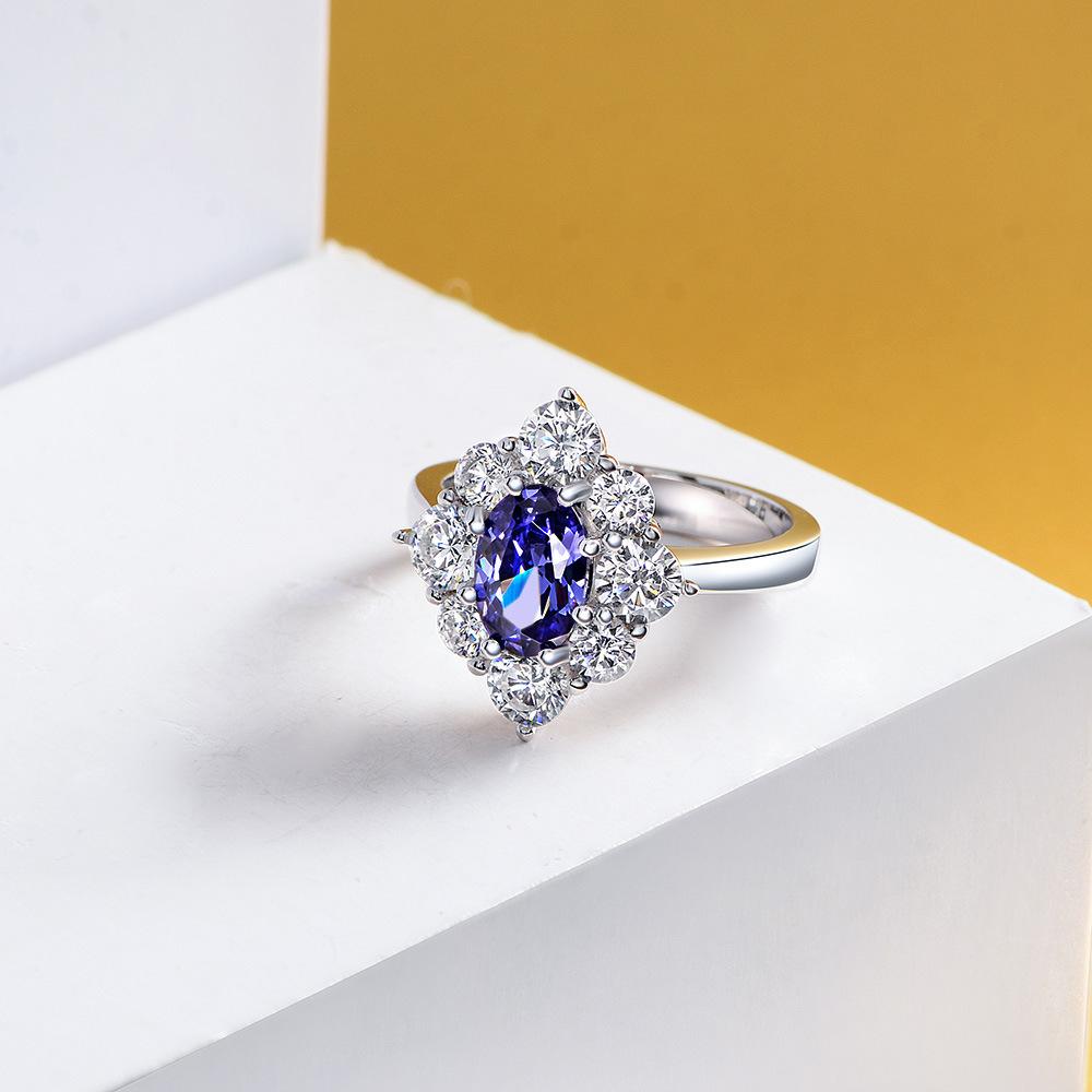 Tancise Jewelry 925 Sterling Silver Ring Female Joker Luxury Personality Egg-shaped Sapphire Luxury Diamond Ring.