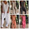 Zomer Vintage Jumpsuits Dames Korte Mouw Losse Playsuit Overall Romper Effen Elegante Zak Rompers Één Delig