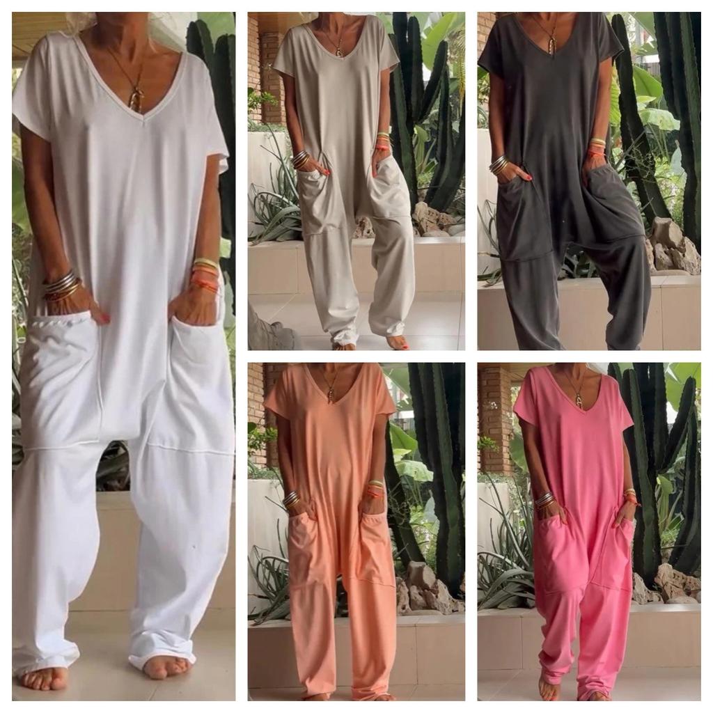Zomer Vintage Jumpsuits Dames Korte Mouw Losse Playsuit Overall Romper Effen Elegante Zak Rompers Één Delig